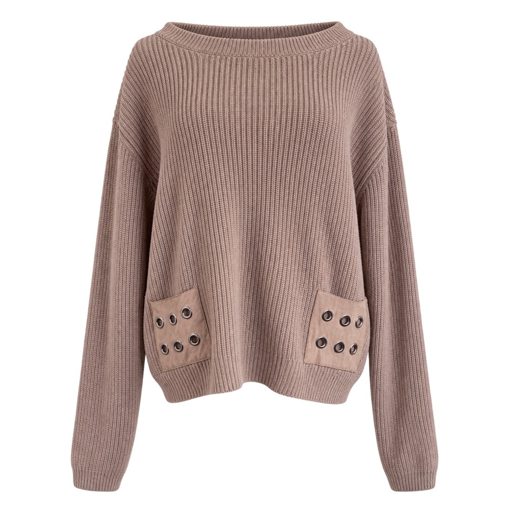 Saint + Sofia | Eyelet Rib Knit Wool Cashmere Leather Pocket Sweater Mocha XL